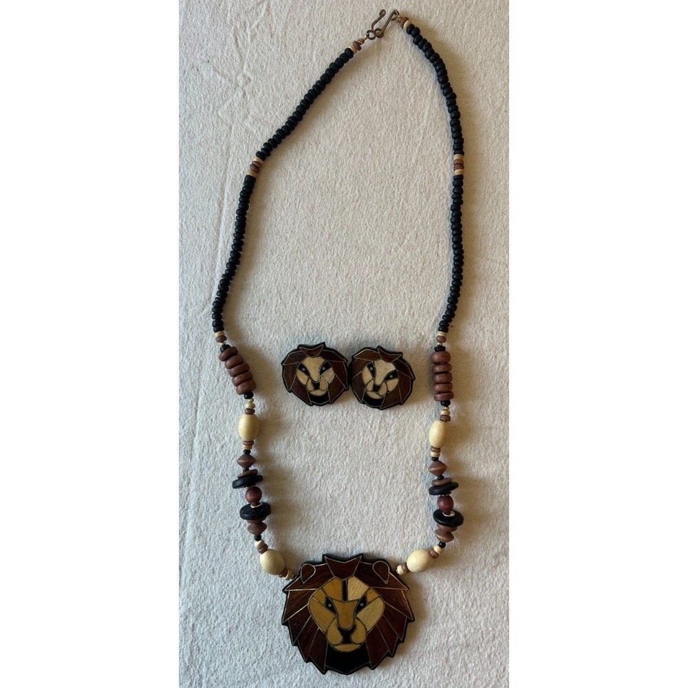 Vintage Lee Sands Mosaic Lion Inlaid Beaded Necklace and Pierced Earrings - WOOD